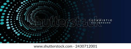 Dark blue digital technology banner gradient web background. Blue abstract waving lines and halftone circles frame glowing geometric diagonal pattern business background for brochure, cover, header