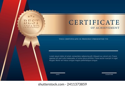 Dark blue diploma or certificate template in classic shades with a gold medal. Certificate of Achievement.