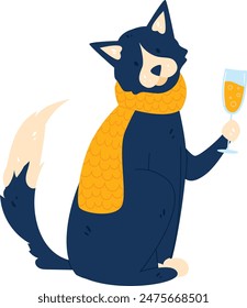 Dark blue dog yellow scarf holds champagne glass, celebrating, isolated white background. Party canine character illustration for festive winter, holiday greeting card. Charming cartoon dog sipping
