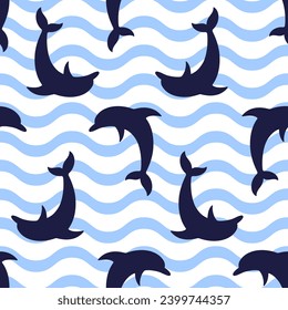 Dark blue dolphins on wavy background vector seamless pattern. Marine underwater life. Best for textile, wallpapers, wrapping paper, package and home decoration.