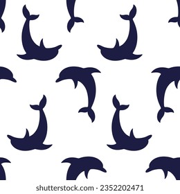 Delfines azules oscuros sobre un patrón sin fisuras del vector de fondo blanco. Vida marina bajo el agua. Mejor para textiles, papel pintado, papel de envoltura, paquete y decoración doméstica.