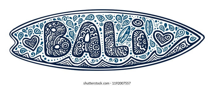 Dark blue doodle style vector surfing board with Bali sign, waves and hearts isolated on white background