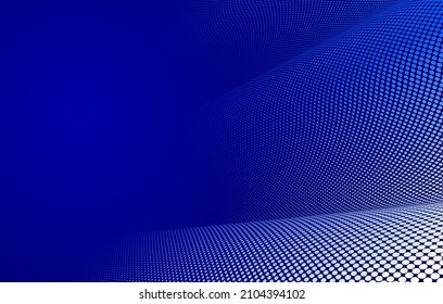 Dark blue dots in 3D perspective vector abstract background, multimedia internet information theme, wave stream of science technology or business blank template for ads.