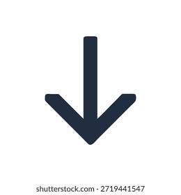 Seta azul escura apontando para baixo contra o pano de fundo preto. Estilo de gráfico plano. Limpo e mínimo com ênfase na direção e simplicidade.