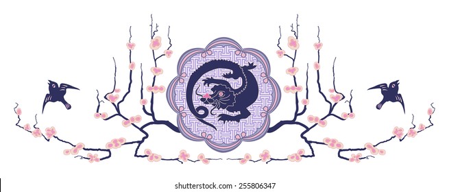 dark blue dragon with flowers and birds