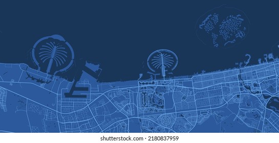Dark blue Dubai City area vector background map, streets and water cartography illustration. Widescreen proportion, digital flat design streetmap.