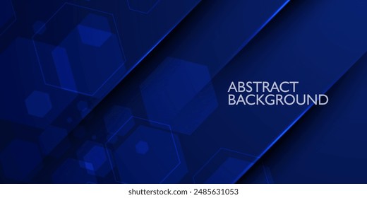 Dark blue dynamic gradient abstract background with shadow and light. Hexagonal pattern overlay shapes. Cool design. Eps10 vector