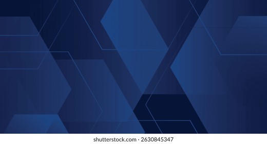 Dark blue dynamic gradient abstract 3D background with shadow and light. Hexagonal pattern overlay shapes. Cool design. Eps10 vector