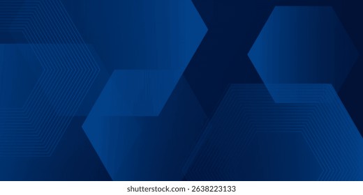Dark blue dynamic gradient abstract 3D background with shadow and light. Hexagonal pattern overlay shapes. Cool design. Eps10 vector