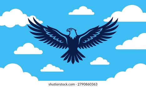 Dark blue eagle soaring in sky with clouds background and wings spread wide