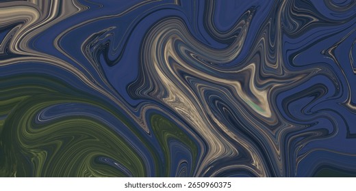 Os tons de azul escuro e terra se fundem em um redemoinho abstrato com um toque de verde. Moody, arte fluida de fundo.