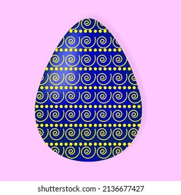  Dark blue egg with a yellow pattern. Easter egg on a pink background. Simple composition. One object.