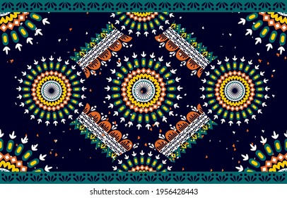 Dark blue Ethnic abstract flower art. Seamless pattern in tribal, folk embroidery, and Mexican style. Aztec geometric art ornament print. Design for carpet, wallpaper, clothing, wrapping,fabric,cover.