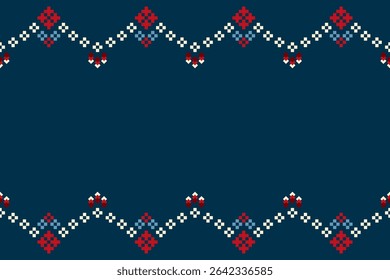 Dark blue ethnic pattern with large diamond wave border and red floral details. Ideal for festive textile or winter design.