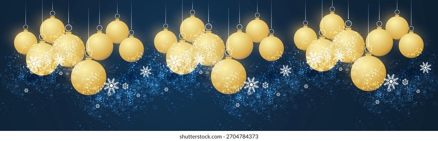 Design de fundo de Natal em escala extra larga azul escuro, modelo da Web com bolas de Natal douradas e flocos de neve padrão - Ilustração de vetor