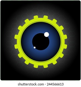 Dark blue eye inside gear against black background