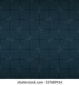 Dark blue fancy seamless pattern in liner style. Vivid, symmetrical design for textile, ads, banner or other purpose. Modern tracery. Flat puzzle repeatable backdrop. Vector background.