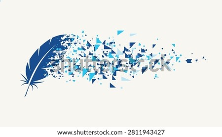 Dark blue feather disintegrating into a shower of small geometric triangle particles over a light cream background.