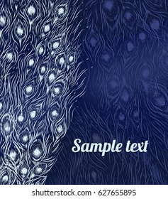 Dark blue with feathers of peacock. Animal background.