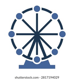 A dark blue Ferris wheel icon on a white background, representing an amusement park symbol with a fun and playful mood, ideal for travel and leisure concepts.