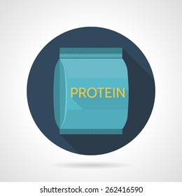Dark blue flat color round vector icon for protein blue pack on gray background. Sports nutrition for increase protein synthesis on workout. Long shadow design.