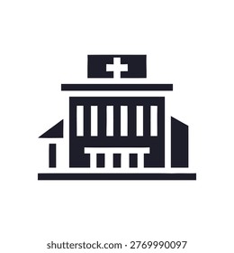 A dark blue flat of a hospital building featuring a cross symbol on a white background.
