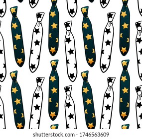 Dark blue flat style and black outline style neckties with stars print seamless pattern. Decoration for card, wrapper and textile. White background, vector.
