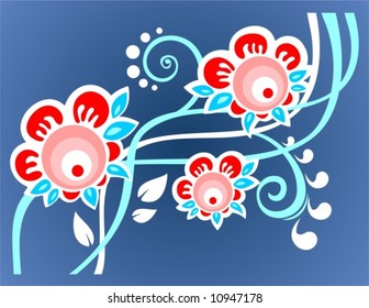 Dark blue floral background with white and blue curls.