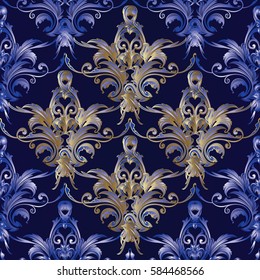 Dark blue floral  Damask vector seamless pattern.Antique 3d Baroque ornaments.Luxury flourish background wallpaper with gold scroll swirl leaves, flowers. Decor elements with shadow and highlights
