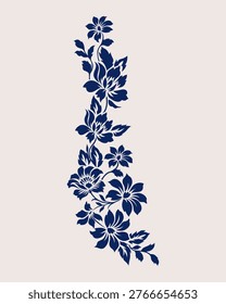 Dark blue floral pattern cascades gracefully downward. Elegant petals and leaves form a vertical, flowing design. Soft beige background enhances the motif's sophistication