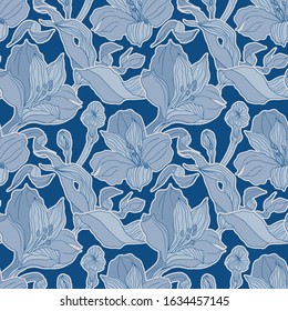 Dark blue floral seamless pattern with high detalised alstroemeria buds and flowers for botanical natural print