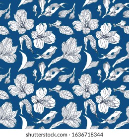 Dark blue floral seamless pattern with white alstroemeria buds and flowers for botanical natural print