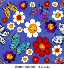 Dark blue floral seamless pattern with flowers and butterflies (vector)