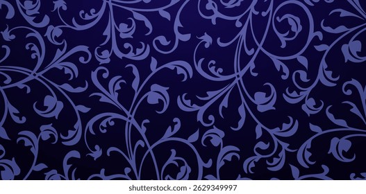 dark blue floral wallpaper with swirls background seamless pattern elements in the style of baroque Scrollwork Textured for Invitations and Stationery, pages fills, Fashionable modern textile material