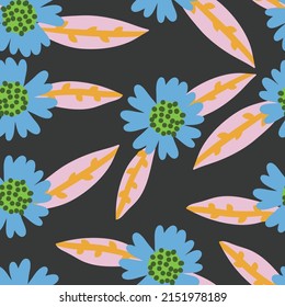 Oscuro con elementos de flores azules y hojas color melocotón diseño de fondo patrón sin fisuras.