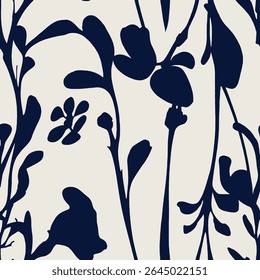 Dark blue flower and leaf motifs on a light gray background represent the elegant yet powerful side of nature