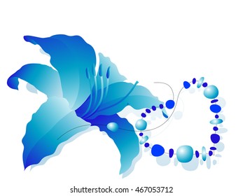 Dark blue flower lily and dark blue beads in the form of heart on a string