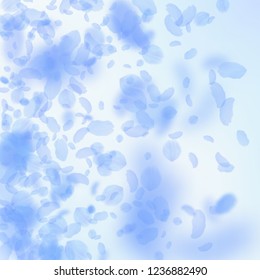 Dark blue flower petals falling down. Dazzling romantic flowers gradient. Flying petal on blue sky square background. Love, romance concept. Classy wedding invitation.