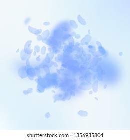 Dark blue flower petals falling down. Great romantic flowers explosion. Flying petal on blue sky square background. Love, romance concept. Attractive wedding invitation.