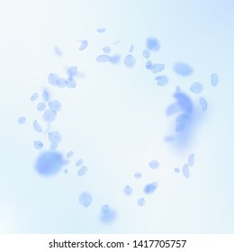 Dark blue flower petals falling down. Bizarre romantic flowers vignette. Flying petal on blue sky square background. Love, romance concept. Curious wedding invitation.