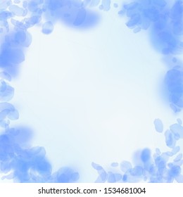 Dark blue flower petals falling down. Beautiful romantic flowers vignette. Flying petal on blue sky square background. Love, romance concept. Creative wedding invitation.