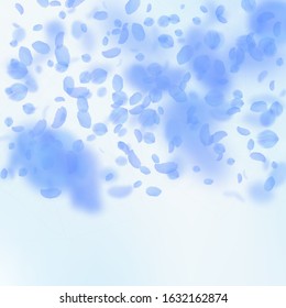 Dark blue flower petals falling down. Mesmeric romantic flowers gradient. Flying petal on blue sky square background. Love, romance concept. Charming wedding invitation.