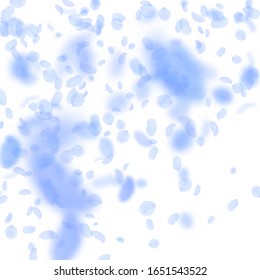 Dark blue flower petals falling down. Noteworthy romantic flowers gradient. Flying petal on white square background. Love, romance concept. Classy wedding invitation.