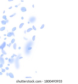 Dark blue flower petals falling down. Tempting romantic flowers gradient. Flying petal on white square background. Love, romance concept. Brilliant wedding invitation.