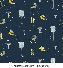 Dark blue forest seamless pattern with birds. Trees and mushrooms night forest background.