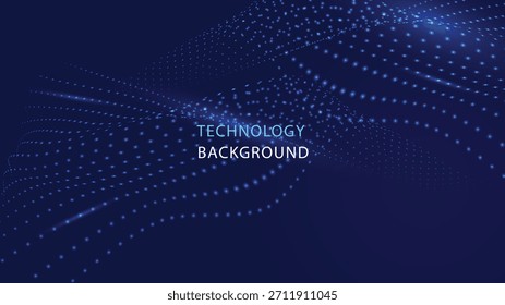 Dunkelblauer futuristischer Hintergrund mit einer dynamischen Wellenform, die durch leuchtende blaue digitale Partikel gebildet wird. Stellt Datenübertragung, Kommunikation und Hightech-Visualisierung dar.