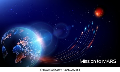 Dark blue futuristic background. Vector. Colonization of the planet Mars. Launch of spaceships from the orbit of the planet Earth. Interstellar outer space. Glow and dynamic movement effect. World map