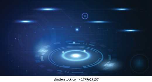 Dark blue with futuristic digital circuit grid line with circles HUD glowing light empty stage hi-tech room.Futuristic concept. 