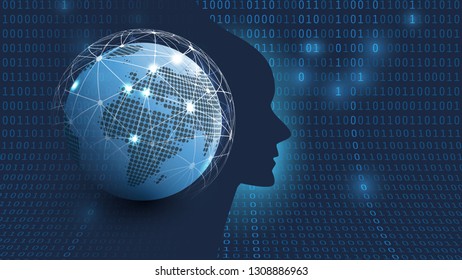 Dark Blue Futuristic Machine Learning, Artificial Intelligence, Cloud Computing, Global Automated Support Assistance and Networks Design Concept with Earth Globe,Network Mesh and Human Face Silhouette
