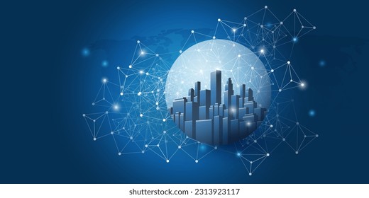 Diseño Futurista de Ciudad Inteligente Azul Oscuro, IoT y Cloud Computing con malla poligonal, clústeres y nodos brillantes - Conexiones de red digital global, vector de fondo de tecnología